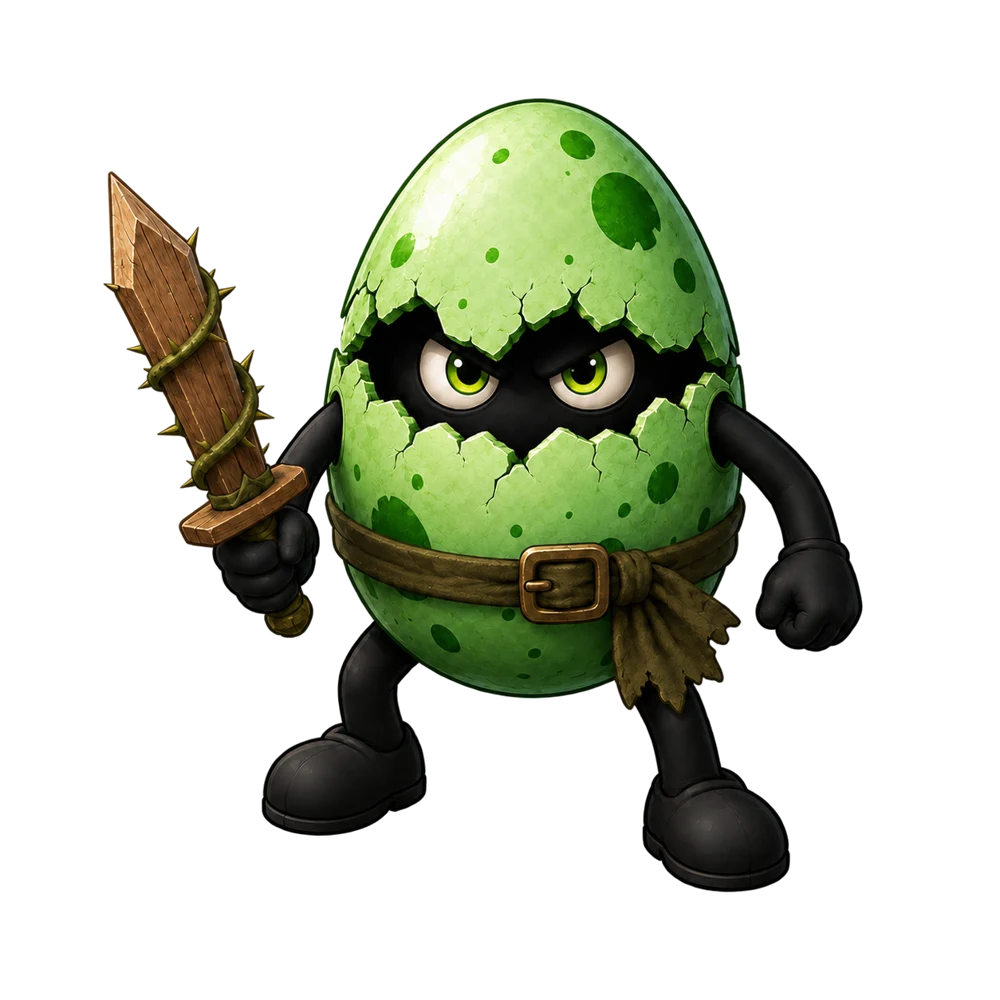 Personagem de Planta com casca verde e espada de madeira envolta em espinhos