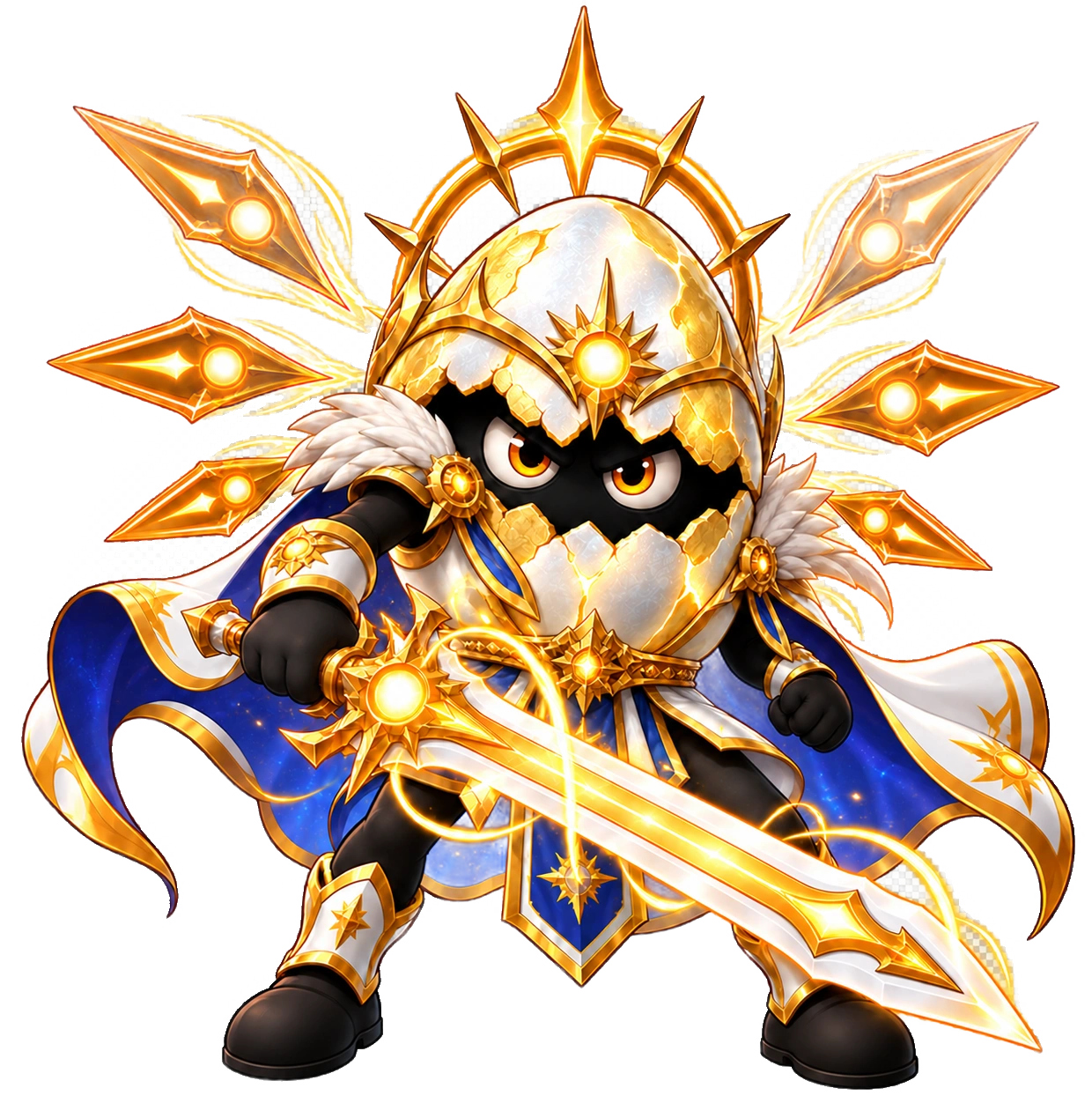 Seraphel, personagem UR de Luz, com armadura dourada, espada luminosa e halo